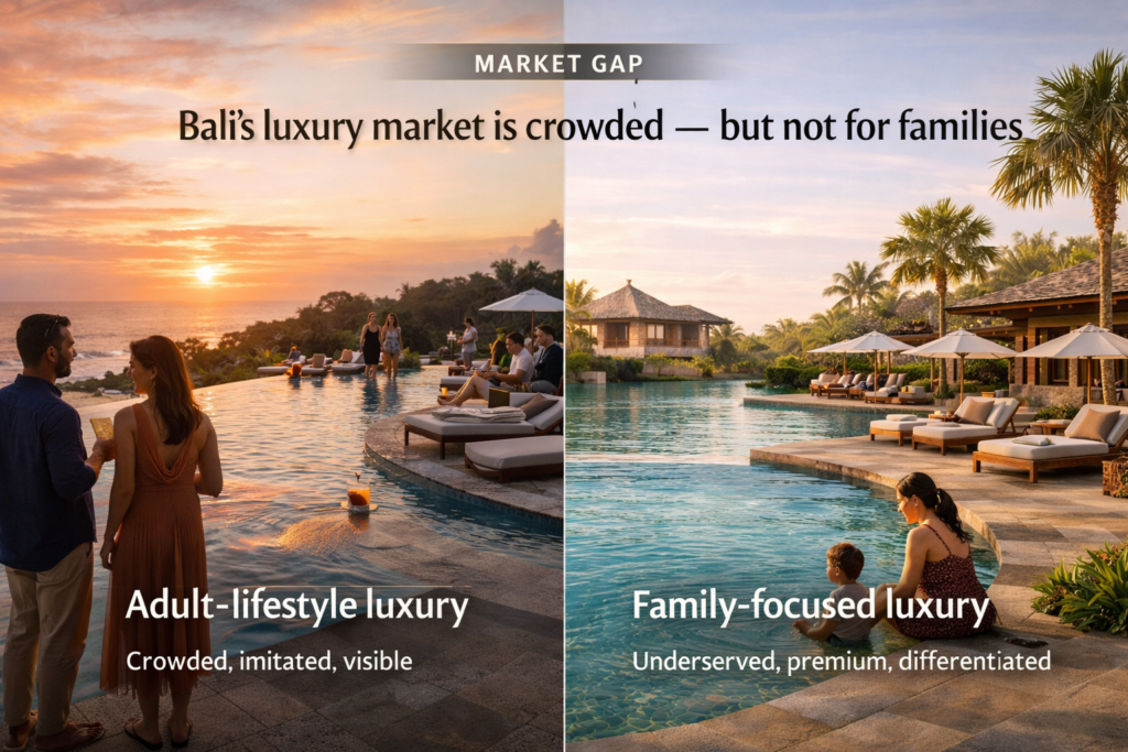 Split-scene comparison between adult-focused Bali hospitality and premium family resort positioning