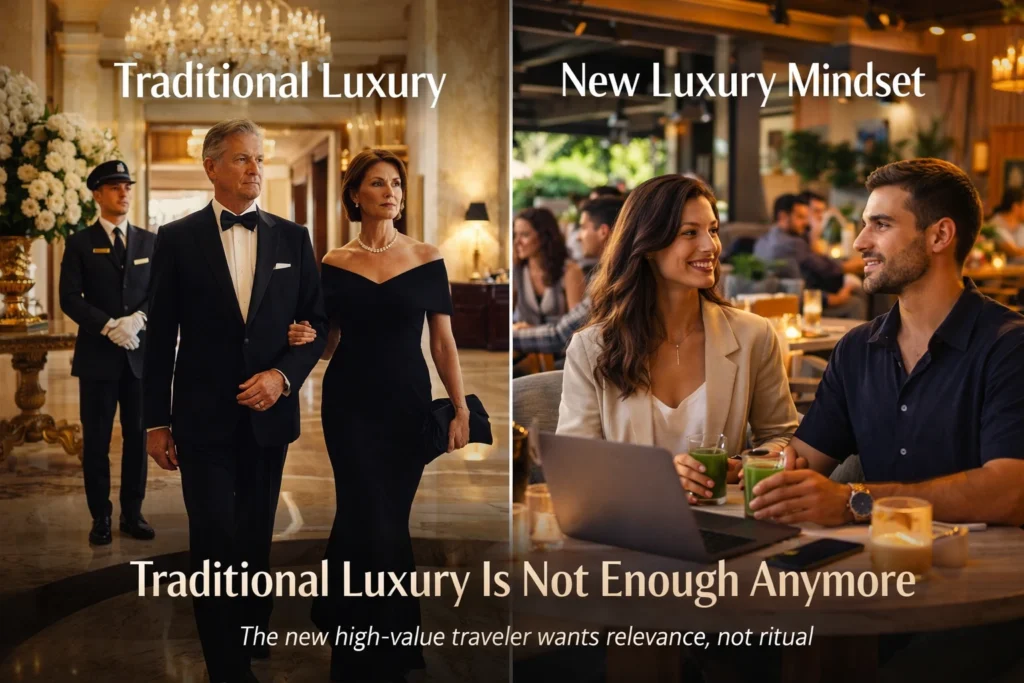 Split-screen comparison showing traditional formal luxury hospitality versus a younger tech-forward community-driven luxury lifestyle, illustrating the shift behind crypto wealth hospitality Indonesia.