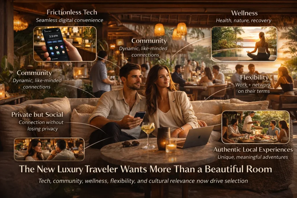 Editorial-style Bali luxury visual showing the priorities of crypto-native travelers including tech integration, community, wellness, flexibility, and authentic local experience in Indonesia.