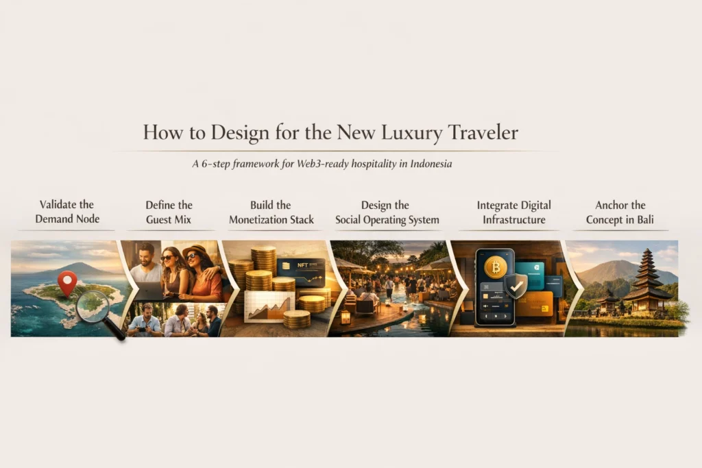 Premium horizontal strategy framework outlining six steps to build a Web3-ready luxury hospitality concept in Indonesia for crypto-native and community-led travelers.