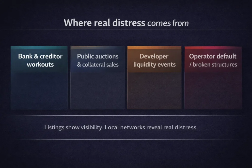 Flow diagram showing the four main channels that create distressed hotel acquisition opportunities in Bali including workouts auctions liquidity events and operator failure