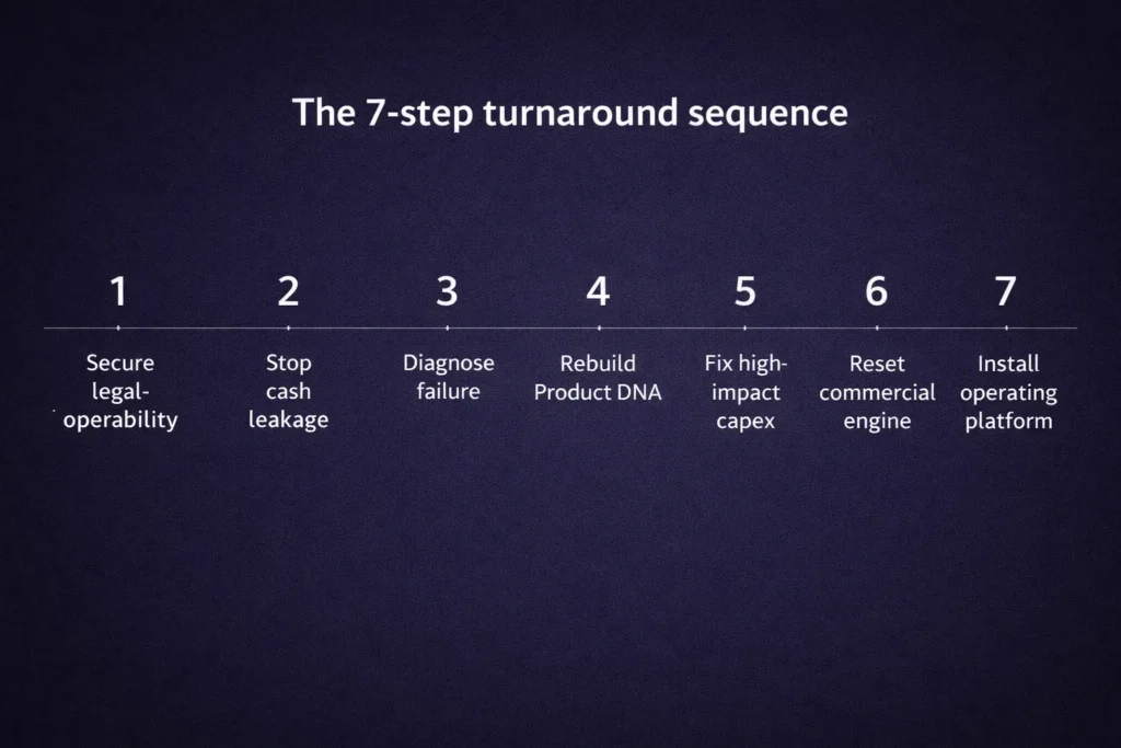 Seven-step turnaround roadmap for distressed hotel investment Bali covering legal-operability diagnosis repositioning capex and operating reset