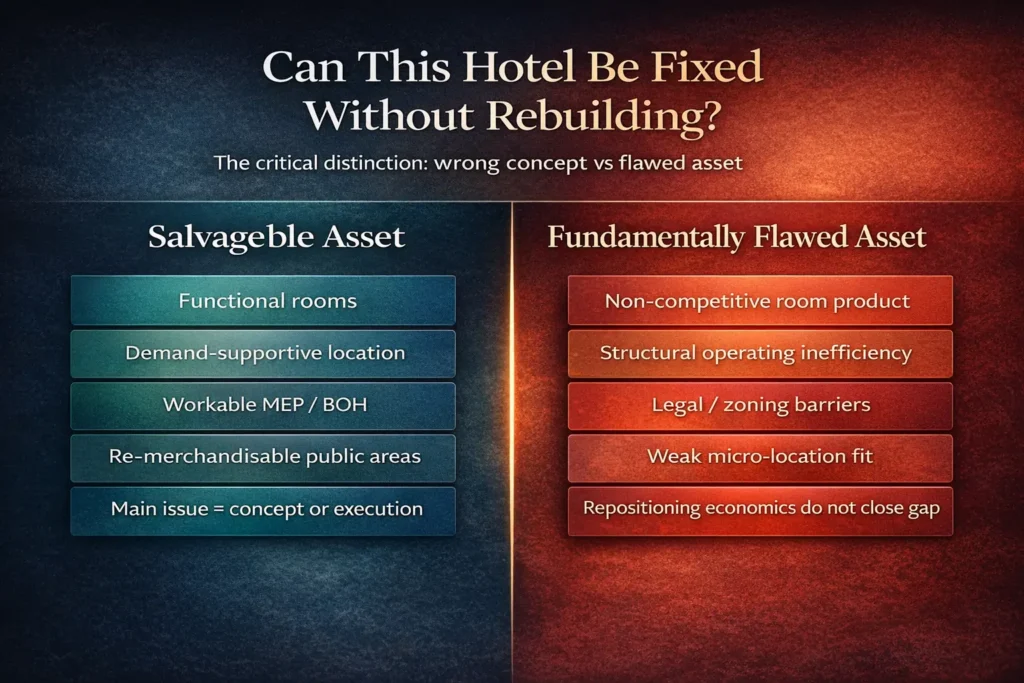 Diagnostic framework showing the difference between a salvageable hotel asset and a fundamentally flawed asset in a capital-light repositioning strategy.