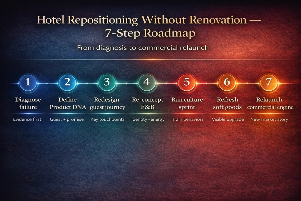 Seven-step roadmap for hotel repositioning without renovation, from diagnosing failure to relaunching the commercial engine.
