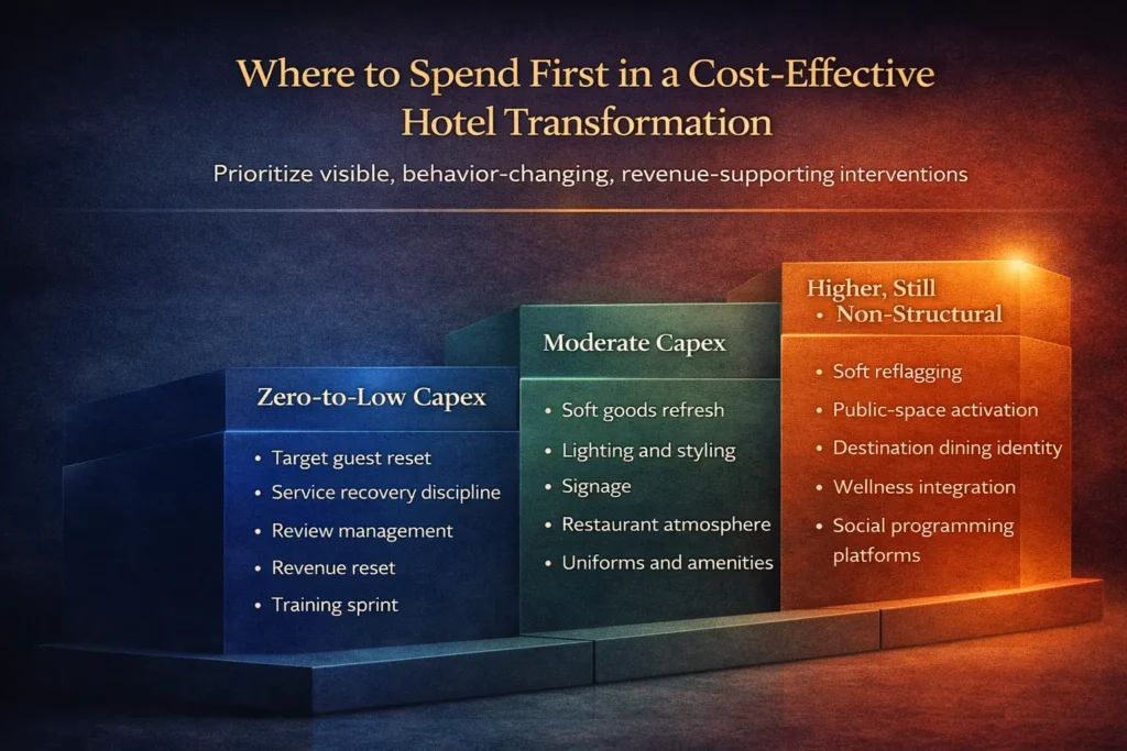 Three-level investment ladder showing zero-to-low capex, moderate capex, and higher non-structural moves in a hotel transformation strategy.