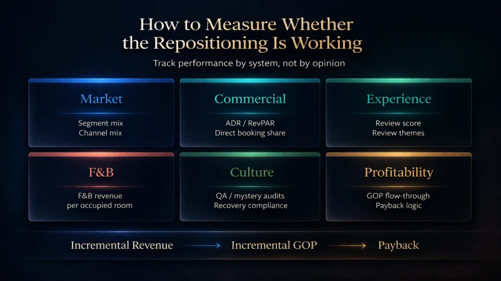 KPI dashboard for hotel repositioning without renovation showing market, commercial, experience, F&B, culture, and profitability metrics.