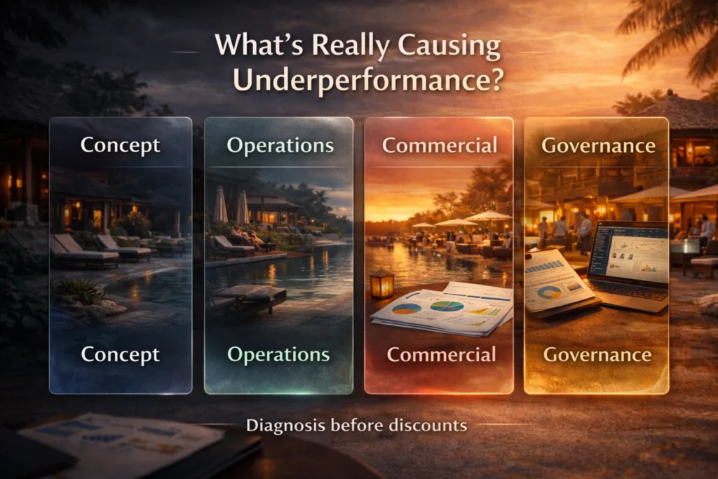 Strategic hotel turnaround framework showing four causes of underperformance in Bali: concept, operations, commercial engine, and governance