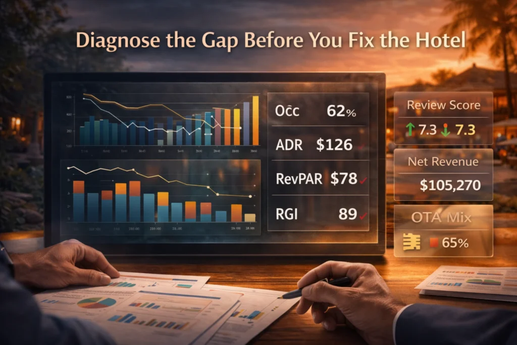 Hotel turnaround performance dashboard showing occupancy, ADR, RevPAR, RGI, review score, OTA mix, and net revenue analysis for a Bali hotel asset