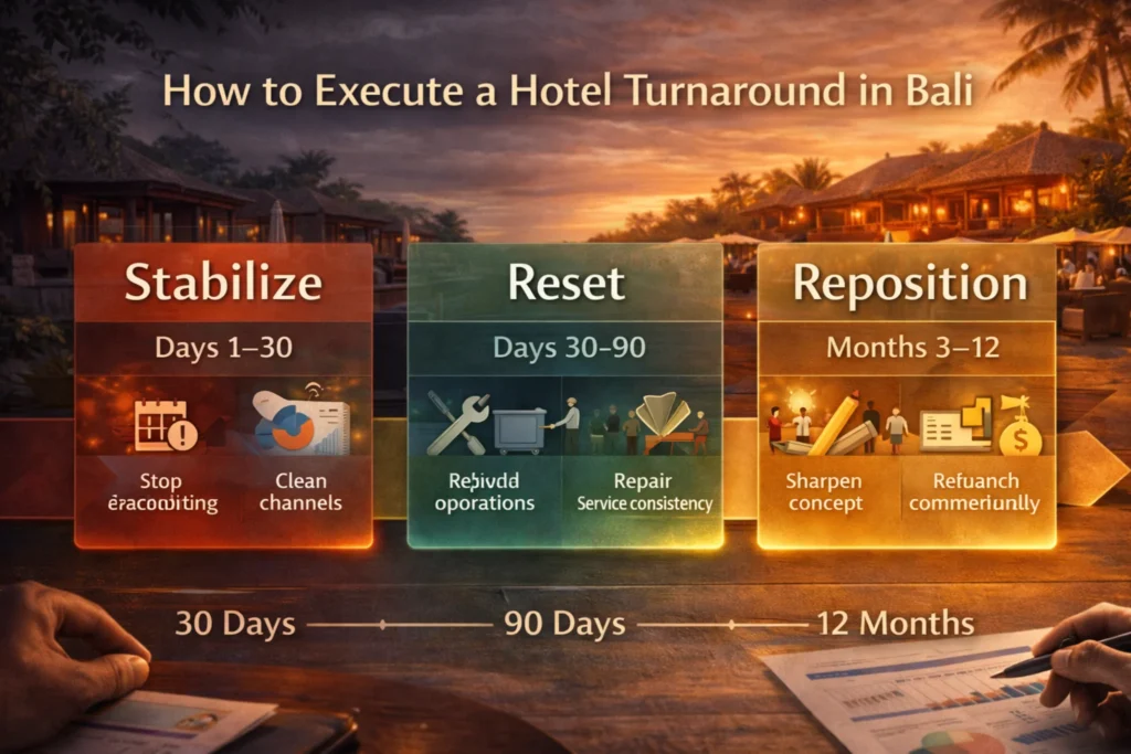 Three-phase Bali hotel turnaround roadmap showing stabilization, operating reset, and commercial repositioning over 30 days, 90 days, and 12 months