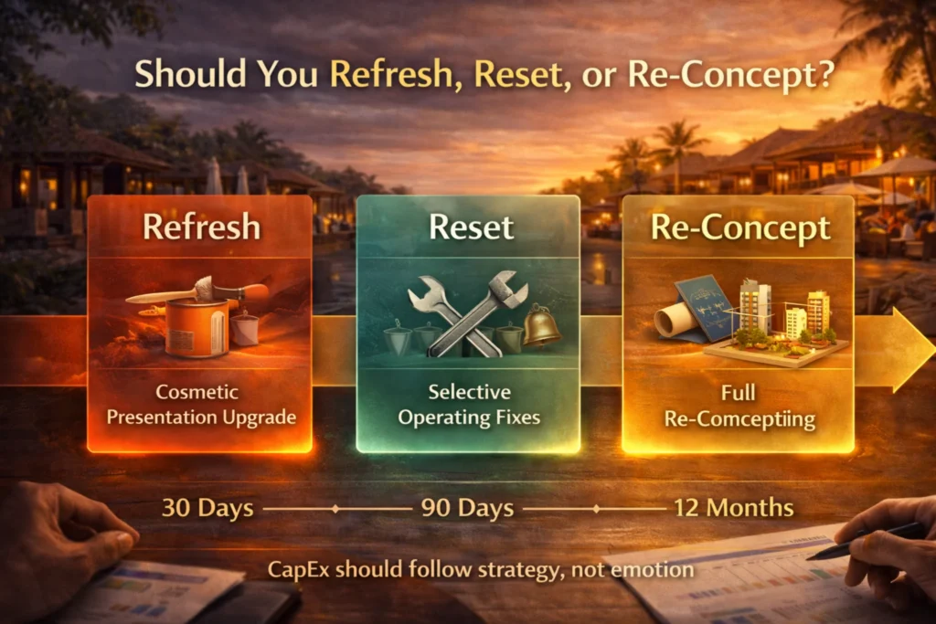 Hotel repositioning decision tree comparing cosmetic refresh, selective operating reset, and full re-concepting for an underperforming Bali hotel