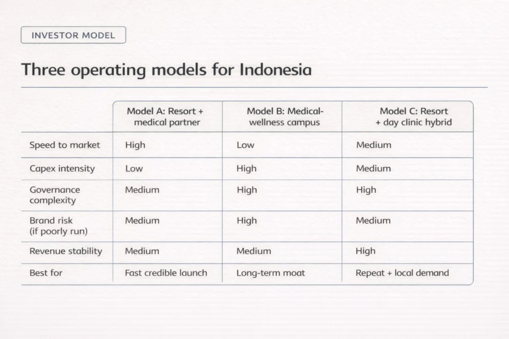 Comparison matrix of three longevity tourism operating models in Indonesia: resort plus medical partner, medical-wellness campus, and resort plus day clinic hybrid.