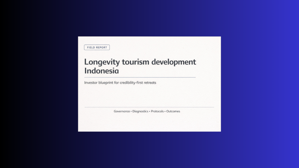 Hero cover for a Zenith field report on longevity tourism development in Indonesia, highlighting governance, diagnostics, protocols, and measurable outcomes.
