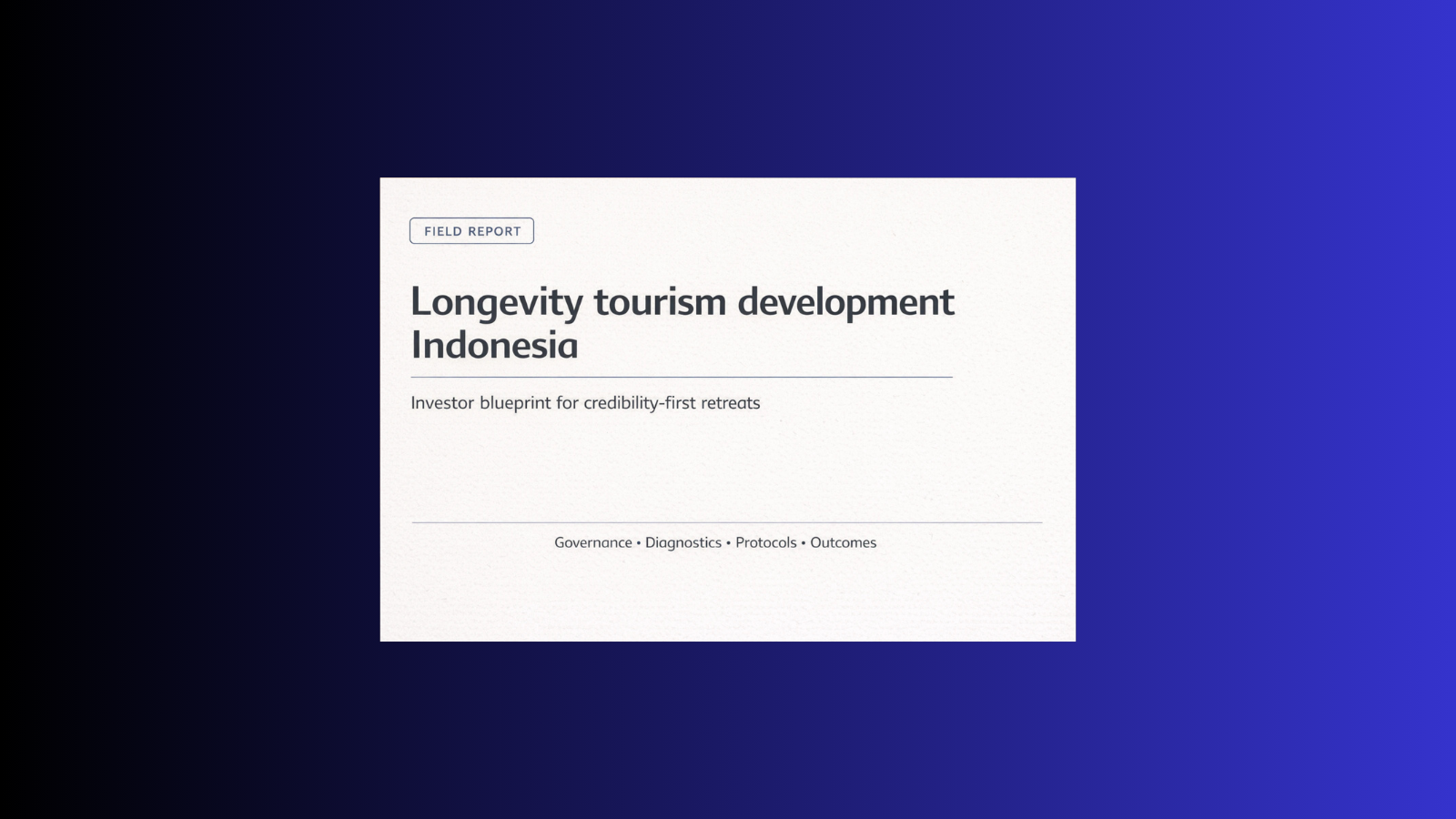 Hero cover for a Zenith field report on longevity tourism development in Indonesia, highlighting governance, diagnostics, protocols, and measurable outcomes.