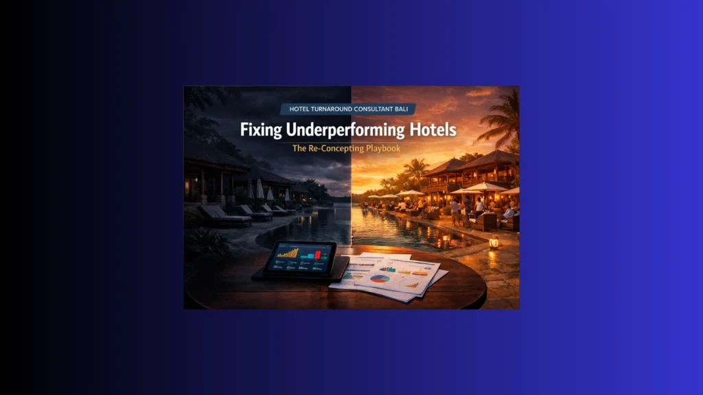 Hotel turnaround consultant Bali visual showing an underperforming luxury hotel contrasted with a revitalized repositioned hospitality asset in a tropical Bali setting