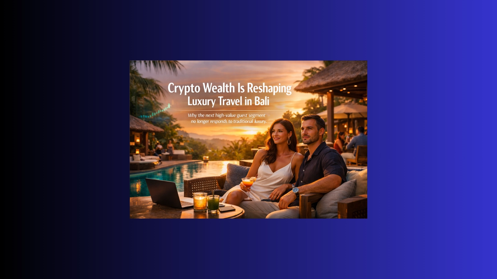 Colorful premium Bali hospitality scene showing a young affluent digital-native luxury traveler in a stylish tropical setting, representing the rise of crypto wealth hospitality Indonesia.