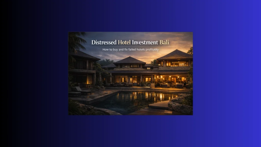 Distressed hotel investment Bali visual showing a struggling boutique hotel asset and its repositioning potential through professional turnaround