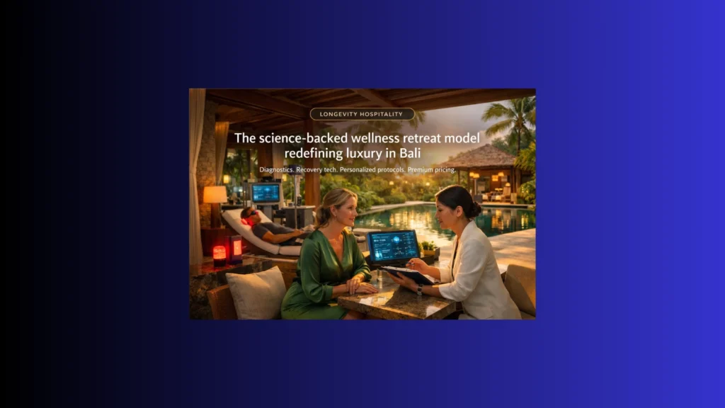 Luxury Bali longevity retreat interior combining medical-grade diagnostics, biohacking technology, and high-end hospitality in a colorful tropical setting.