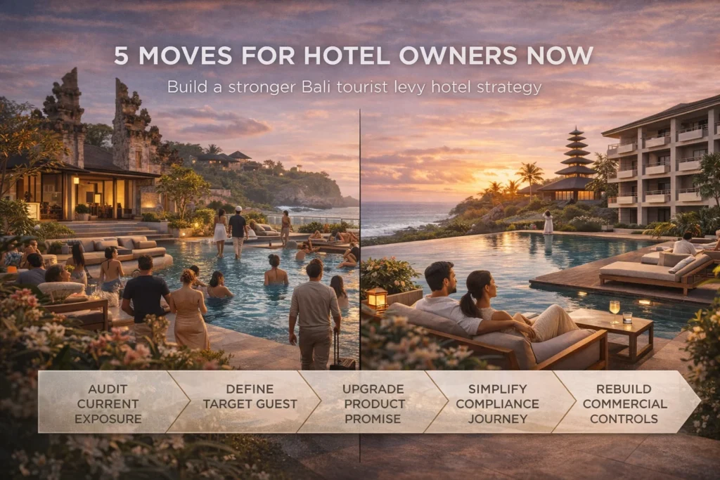 Five-step framework visual showing how hotel owners can respond strategically to Bali’s tourist levy and quality-tourism shift