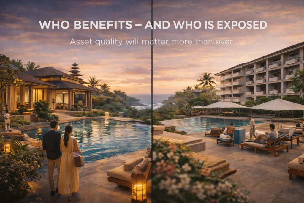 Strategic comparison image showing which Bali hospitality assets are positioned well and which are more exposed under a quality-tourism shift