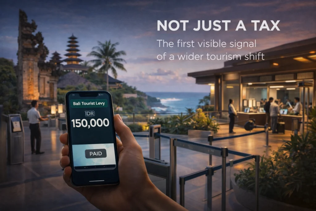 Editorial concept image showing Bali’s IDR 150,000 tourist levy as a small fee with larger regulatory and strategic implications