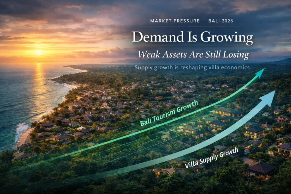 Data-led Bali investment visual showing rising tourism demand, faster villa supply growth, and pricing pressure on generic standalone assets