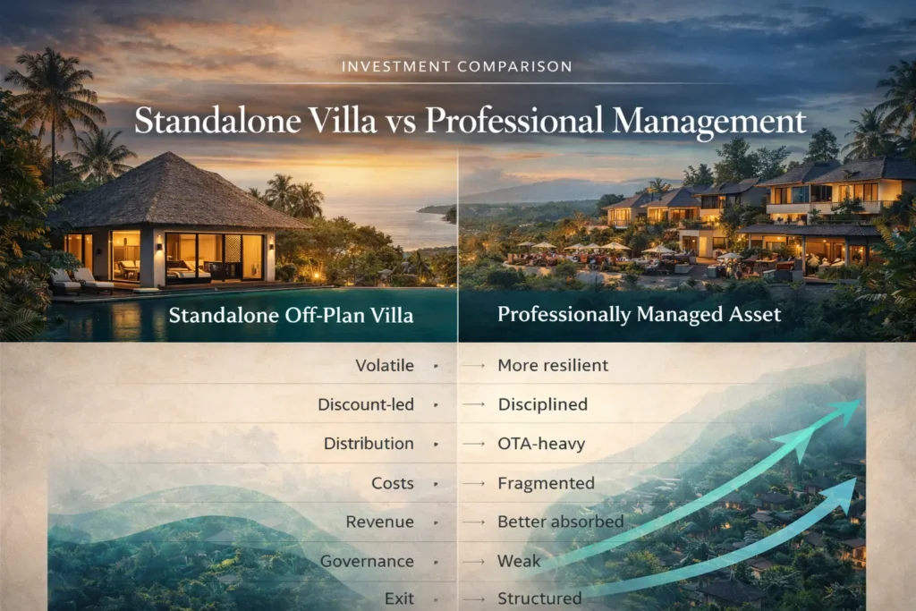 Comparison graphic showing standalone off-plan villa versus professionally managed hospitality asset in Bali across occupancy, ADR, costs, governance, and exit quality