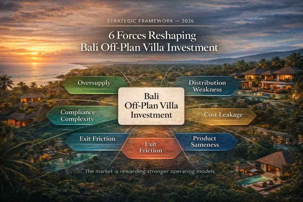 Strategic framework visual showing the six forces reshaping Bali off-plan villa investment: oversupply, distribution weakness, cost leakage, product sameness, exit friction, and compliance complexity