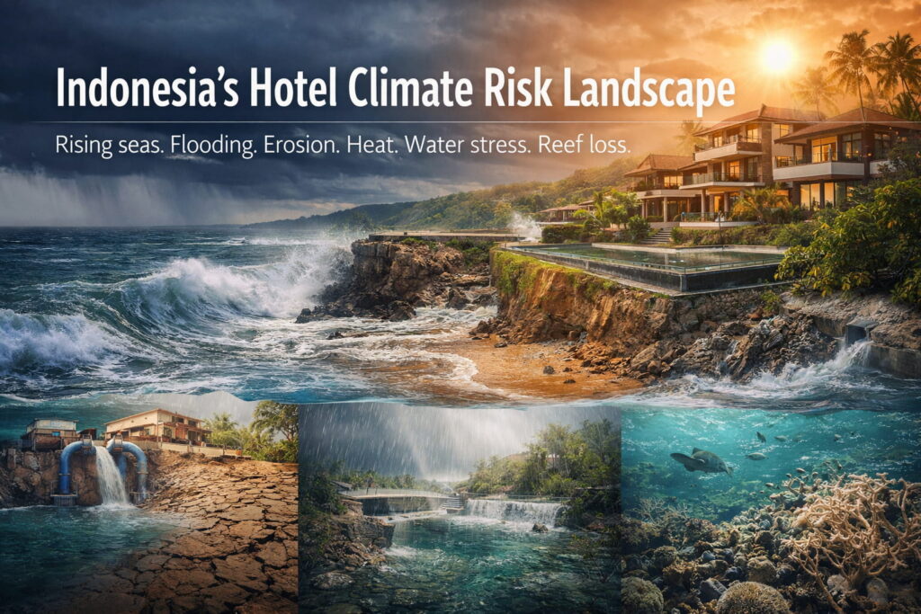 Indonesia hotel climate risk visual showing flooding, erosion, heat, water stress, and reef degradation affecting tropical hospitality assets