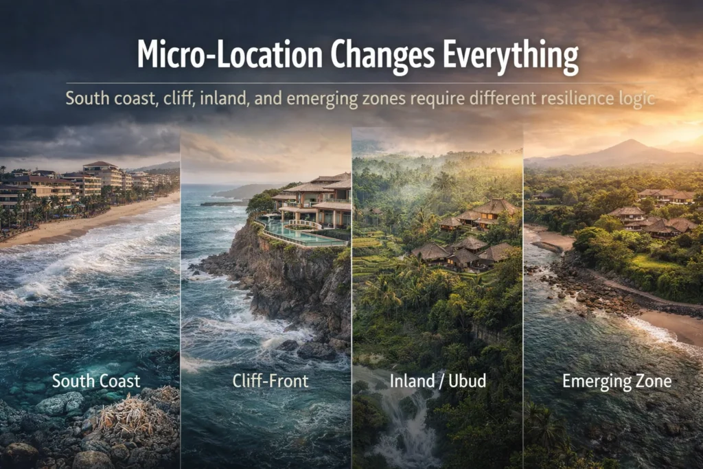 Bali hotel site risk comparison showing south coast, cliff-front, inland Ubud-type, and east or north Bali hospitality exposure differences