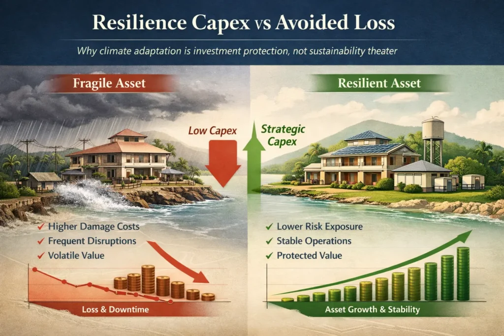 Hotel investment resilience visual comparing fragile asset exposure with stronger climate-adapted hospitality design and long-term value protection