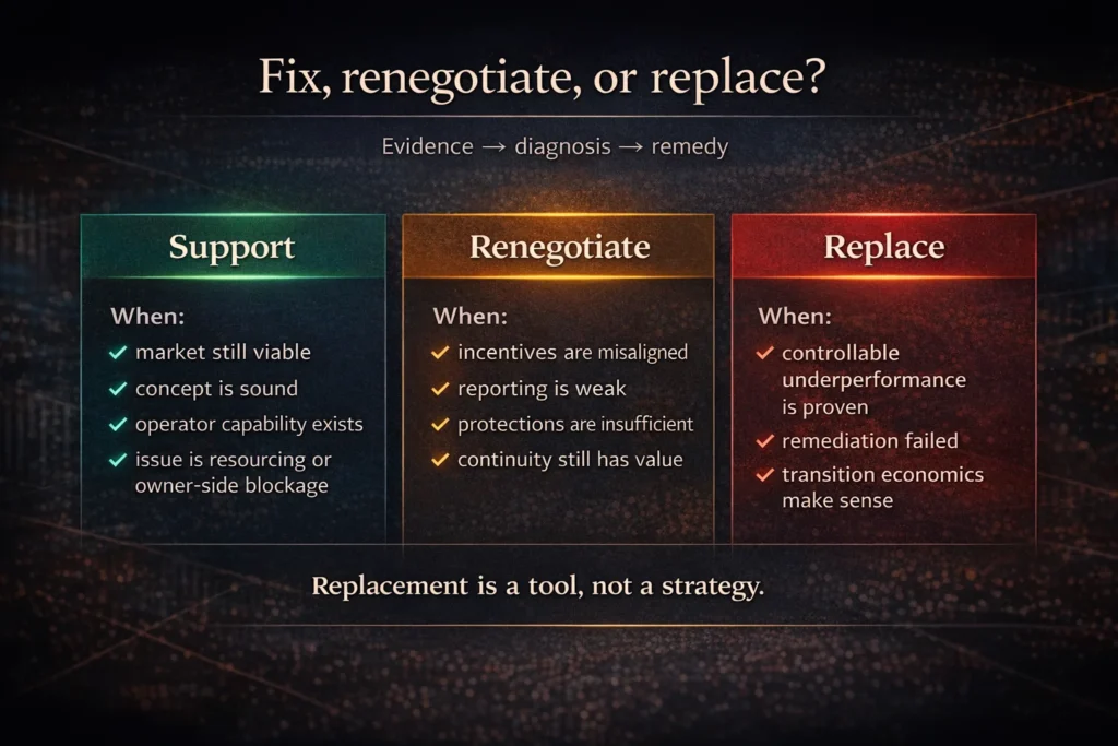 hotel operator performance evaluation decision matrix for support renegotiation or replacement