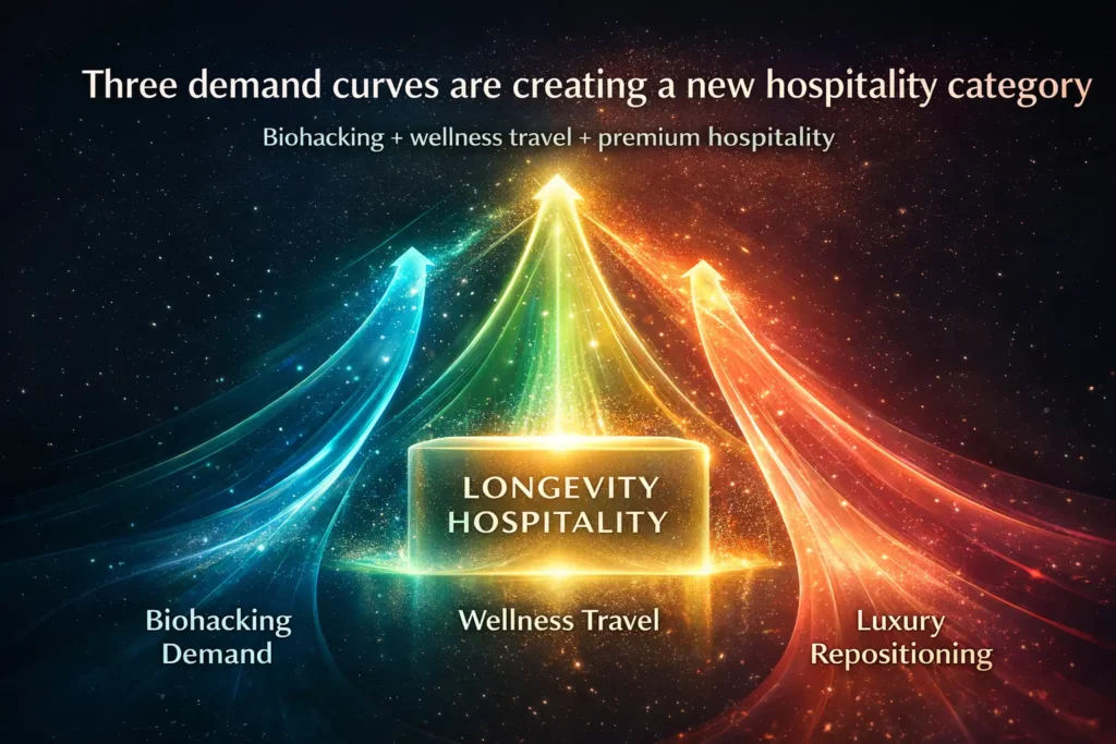 Colorful market-growth infographic showing biohacking, wellness travel, and luxury hospitality converging into longevity hospitality demand.