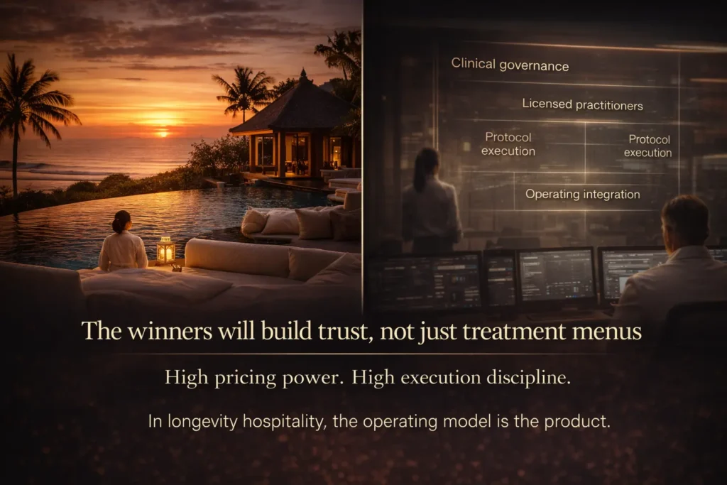Strategic closing visual showing the balance between premium longevity retreat opportunity and the operational discipline required to execute it.