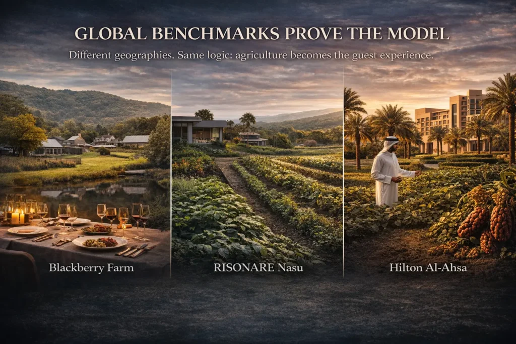 Three-panel benchmark visual comparing global luxury agritourism models through land, dining, guest experience, and premium positioning. 