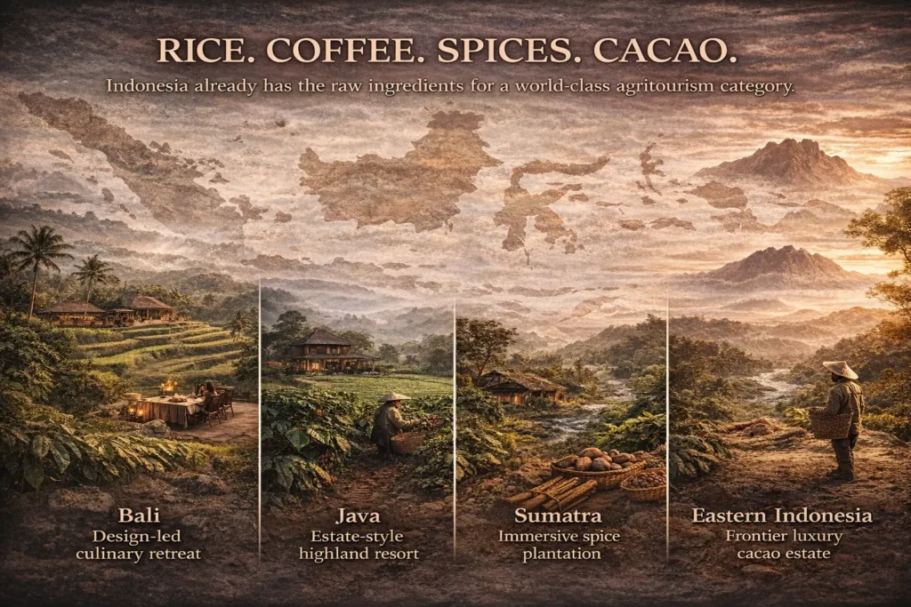 Indonesia agricultural asset visual featuring Bali rice terraces, Java coffee highlands, and spice and cacao landscapes across multiple islands. 