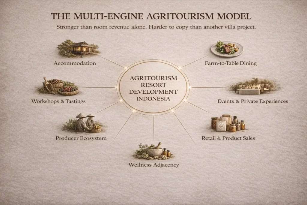 Framework visual showing agritourism resort revenue engines including accommodation, dining, workshops, retail, events, and producer ecosystem. 