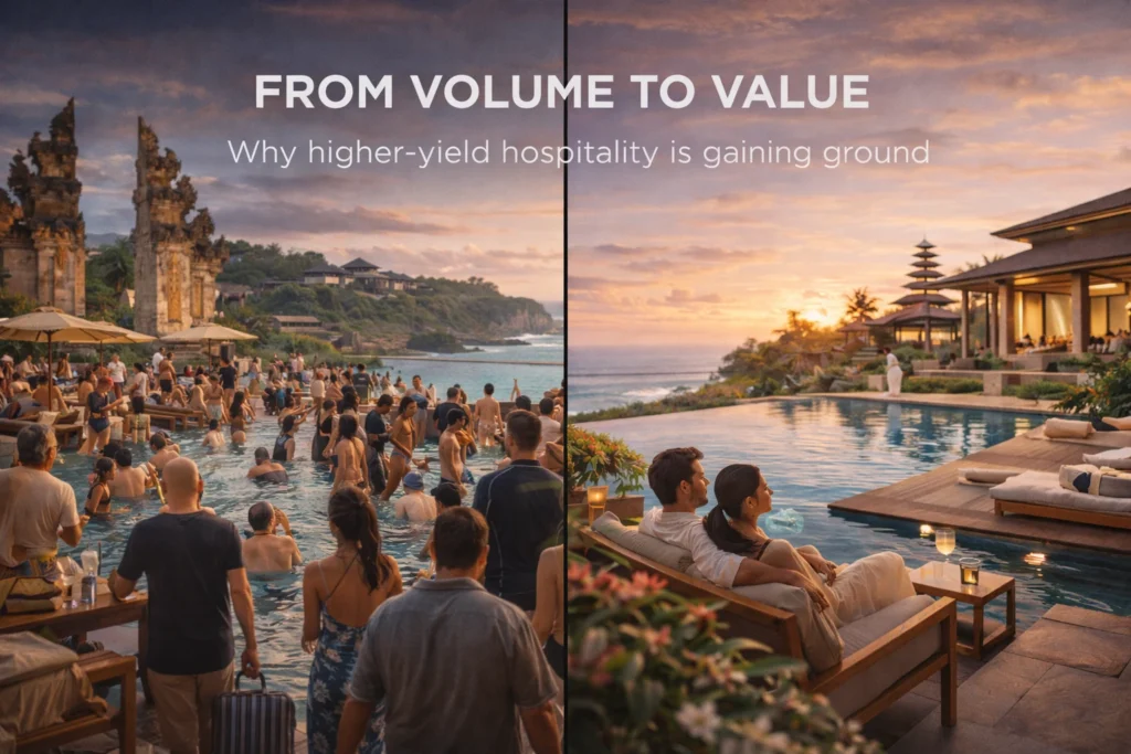Split-screen Bali hospitality image comparing volume tourism with a more curated higher-value tourism model