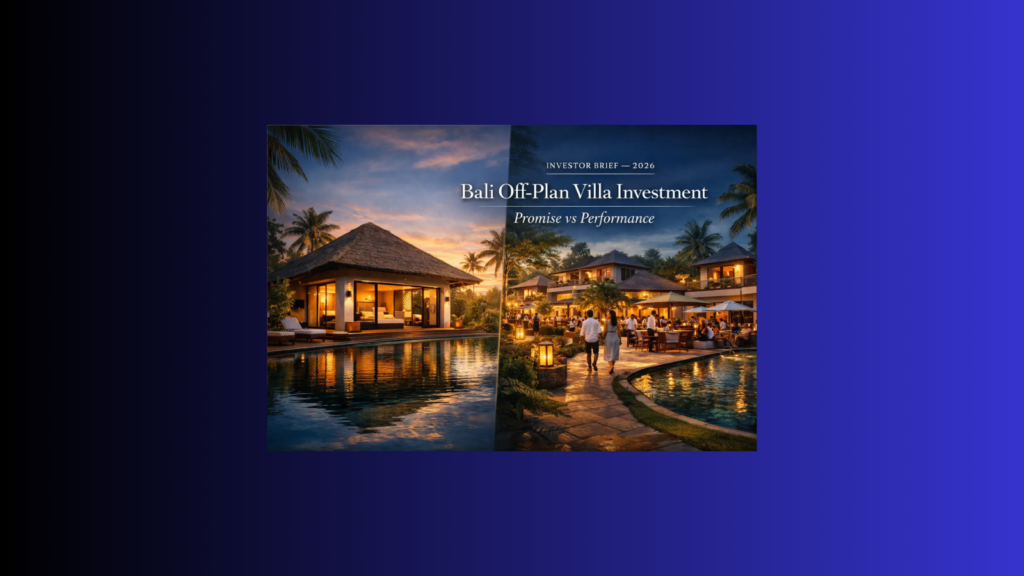 Bali off-plan villa investment hero image showing a split-view between a standalone luxury villa and a professionally managed hospitality asset in Bali