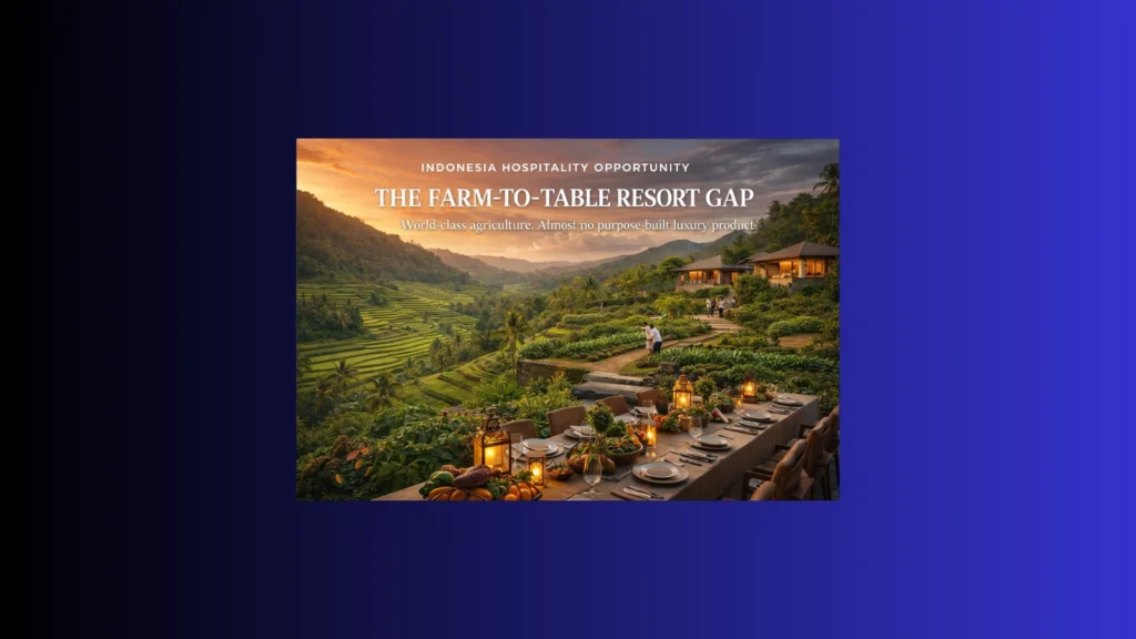 Premium agritourism resort concept in Indonesia with rice terraces, edible gardens, and luxury farm-to-table dining at sunset.