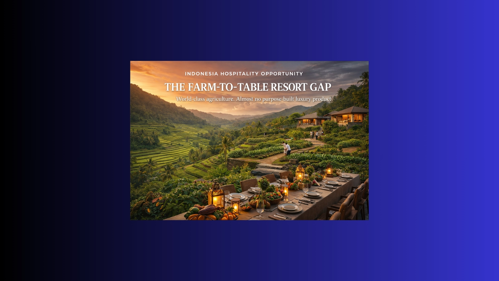 Premium agritourism resort concept in Indonesia with rice terraces, edible gardens, and luxury farm-to-table dining at sunset.