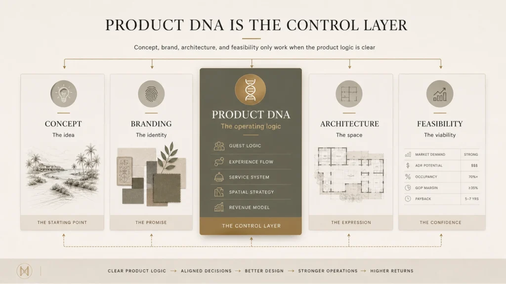 Hotel Product DNA comparison framework showing how Product DNA governs concept, branding, architecture, feasibility, and operating logic.