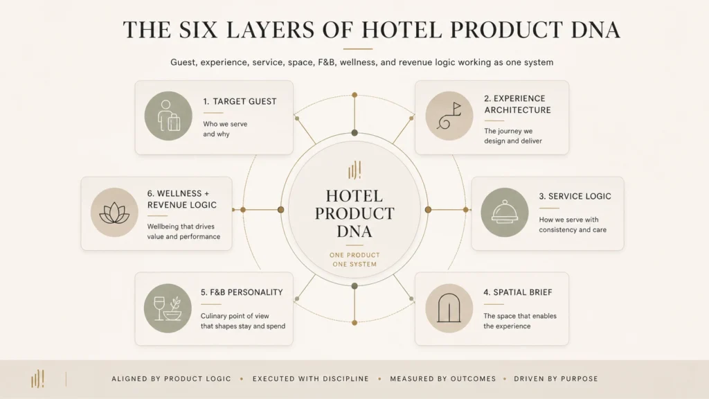 Six-layer hotel Product DNA model linking target guest, experience architecture, service logic, spatial brief, F&B personality, wellness, and revenue logic.