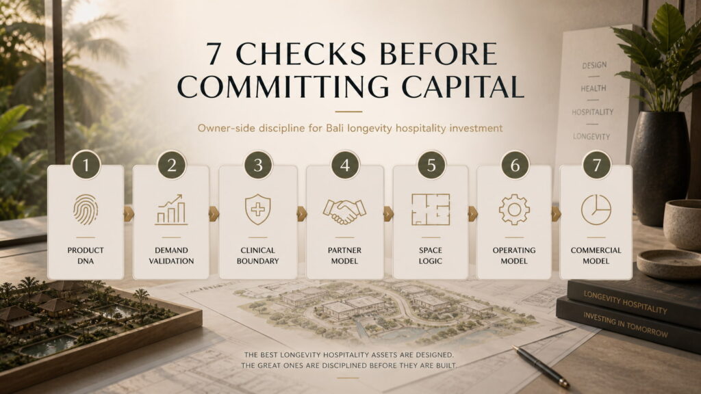Owner-side checklist for Bali longevity hospitality investment covering Product DNA, clinical boundary, operating model, and commercial logic.