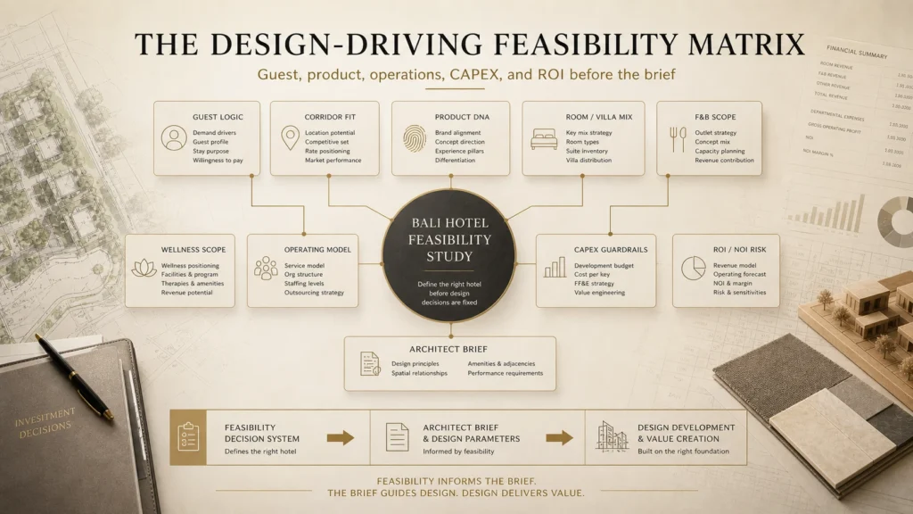 Design-driving hotel feasibility matrix linking guest profile, room mix, F&B, wellness, operations, CAPEX, and ROI.