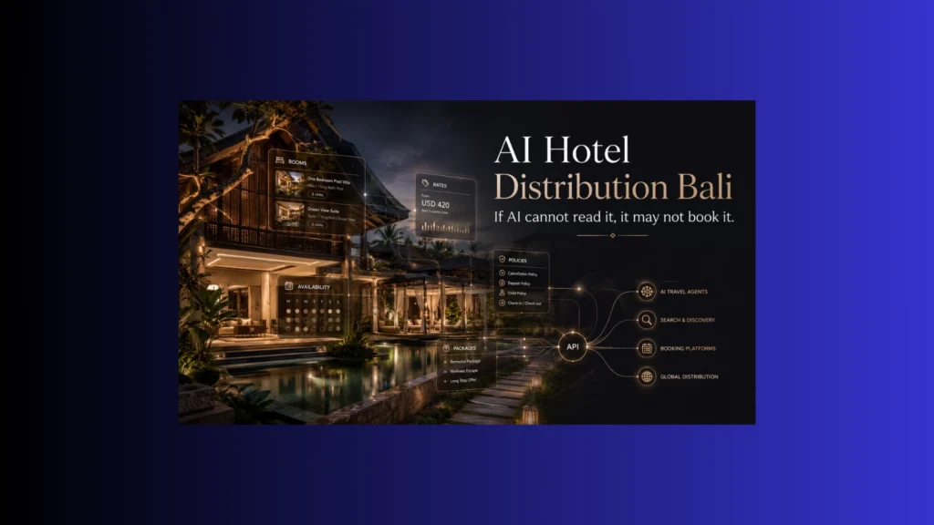 AI hotel distribution Bali visual showing a luxury hotel becoming machine-readable through structured room, rate, policy, and booking data overlays.