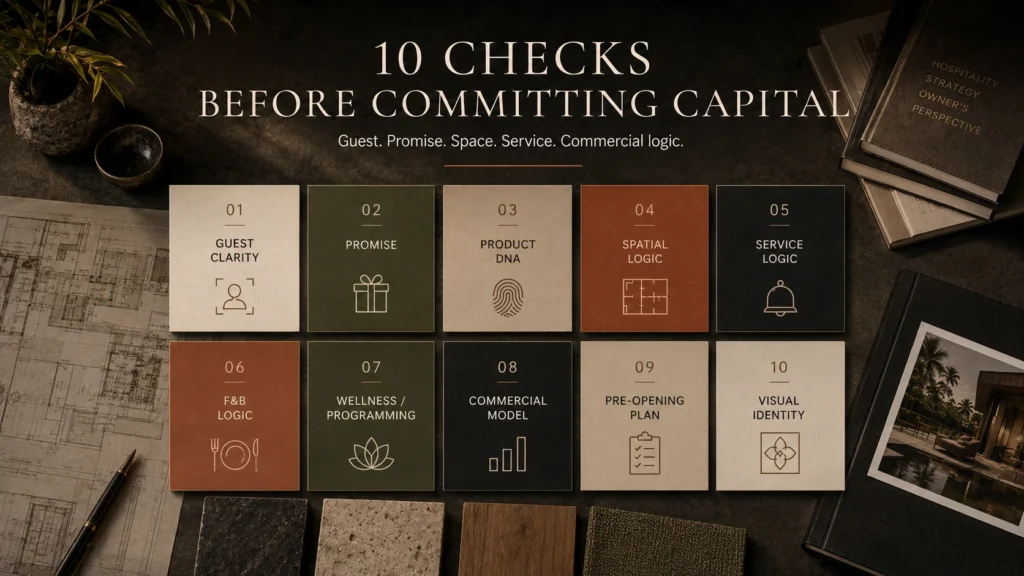 Bali Boutique Hotel Brand Architecture Case Pattern Map Owner-side Bali boutique hotel brand architecture checklist showing ten investment checks before committing capital, including guest clarity, Product DNA, spatial logic, service logic, and commercial model.
