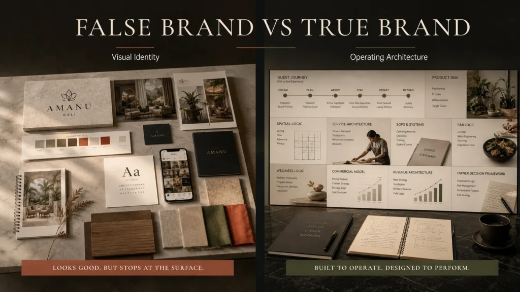 False Brand vs True Brand Architecture Comparison visual showing the difference between visual identity and true Bali boutique hotel brand architecture, with logo and mood board elements contrasted against guest journey, SOP, service, and commercial operating logic.