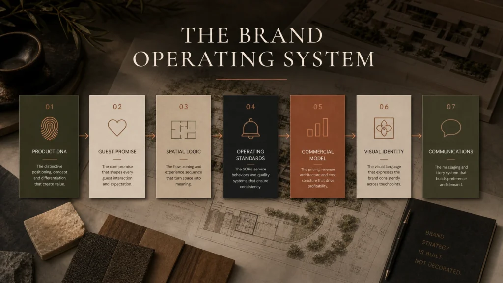 Boutique Hotel Brand Operating System Framework Brand operating system framework for Bali boutique hotel brand architecture, showing Product DNA, guest promise, spatial logic, operating standards, commercial model, visual identity, and communications.