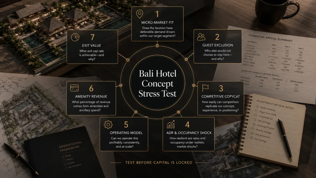 Bali hotel concept stress-test framework showing seven owner-side tests: micro-market fit, guest exclusion, competitive copycat, ADR and occupancy shock, operating model, amenity revenue, and exit value.