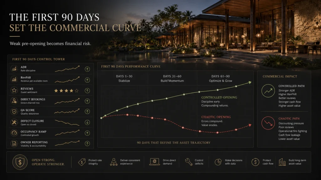First 90 days hotel opening dashboard showing how Bali hotel pre-opening affects ADR, RevPAR, reviews, direct bookings, QA, defect closure, occupancy ramp, and owner reporting.